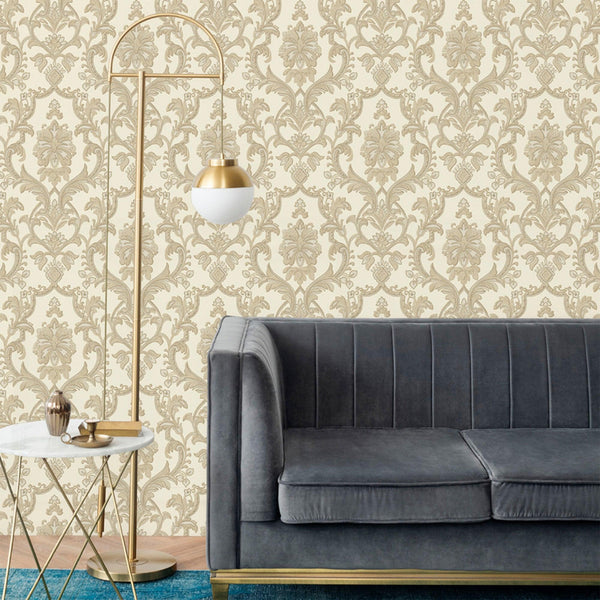 Luxury Cream Damask Textured Wallpaper, Premium Non-Woven Wall Covering, 41.7"W x 398"H, Washable Removable for Living Room B