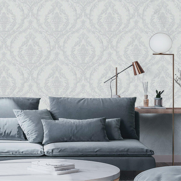 Luxury Gray Damask Embossed 3D Embossed Wallpaper, Traditional Non-Woven Wall Covering, 41.7"W x 398"H, Washable Removable fo