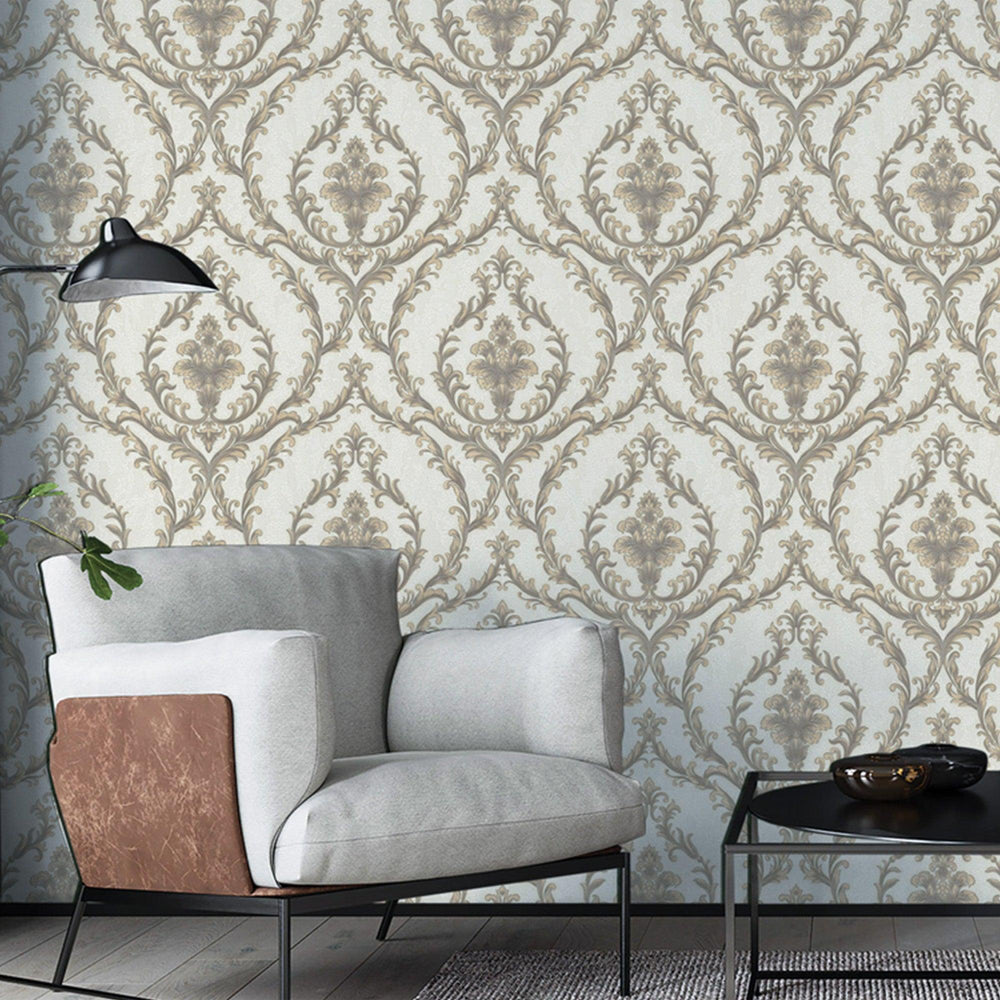 Luxury White Damask Embossed 3D Embossed Wallpaper, Victorian Non-Woven Wall Covering, 41.7"W x 398"H, Washable Removable for