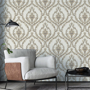 Luxury White Damask Embossed 3D Embossed Wallpaper, Victorian Non-Woven Wall Covering, 41.7"W x 398"H, Washable Removable for
