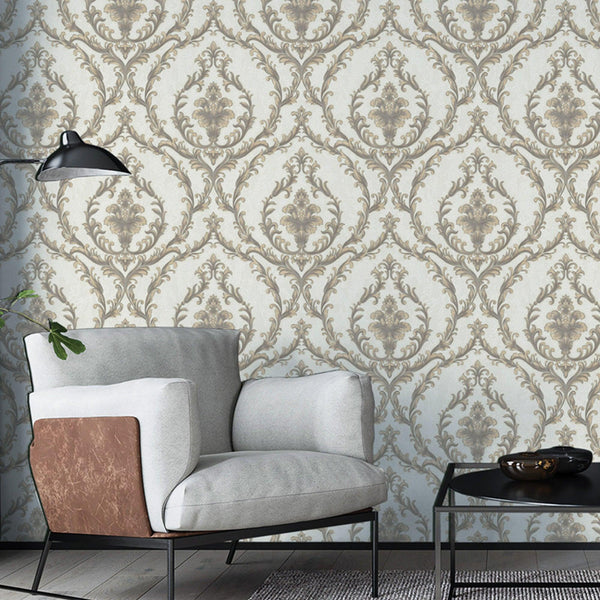 Luxury White Damask Embossed 3D Embossed Wallpaper, Victorian Non-Woven Wall Covering, 41.7"W x 398"H, Washable Removable for