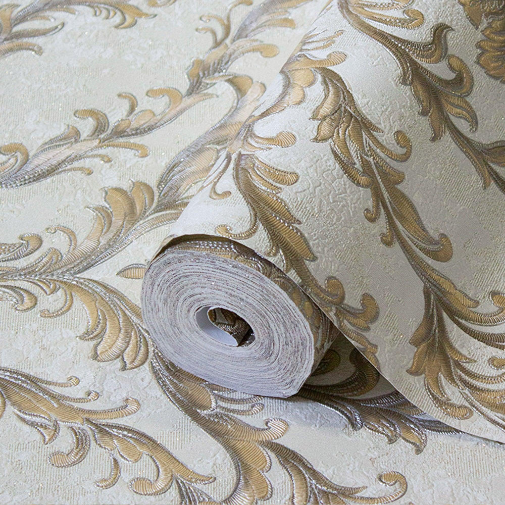 Luxury White Damask Embossed 3D Embossed Wallpaper, Victorian Non-Woven Wall Covering, 41.7"W x 398"H, Washable Removable for