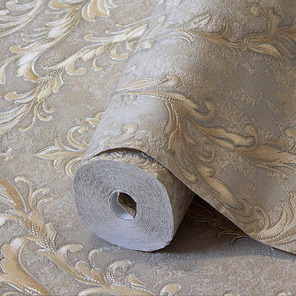 Luxury Gold Damask Embossed 3D Embossed Wallpaper, Traditional Non-Woven Wall Covering, 41.7"W x 398"H, Washable Removable fo