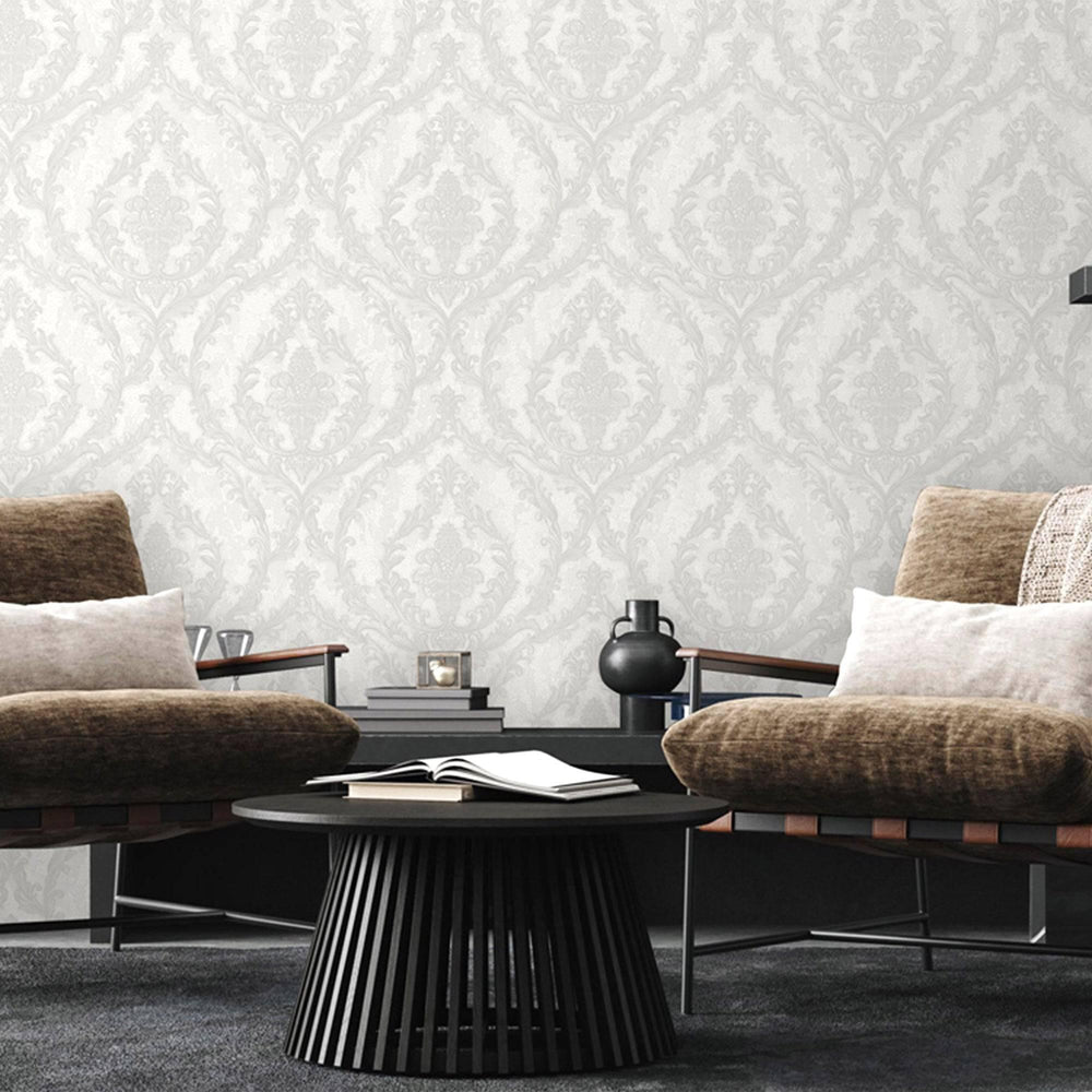 Luxury Silver Damask Embossed 3D Embossed Wallpaper, Country Non-Woven Wall Covering, 41.7"W x 398"H, Washable Removable for 