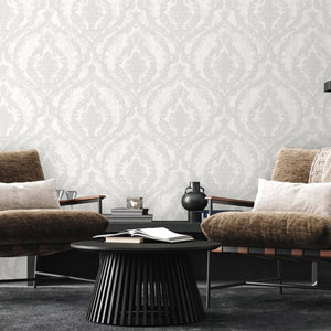 Luxury Silver Damask Embossed 3D Embossed Wallpaper, Country Non-Woven Wall Covering, 41.7"W x 398"H, Washable Removable for 