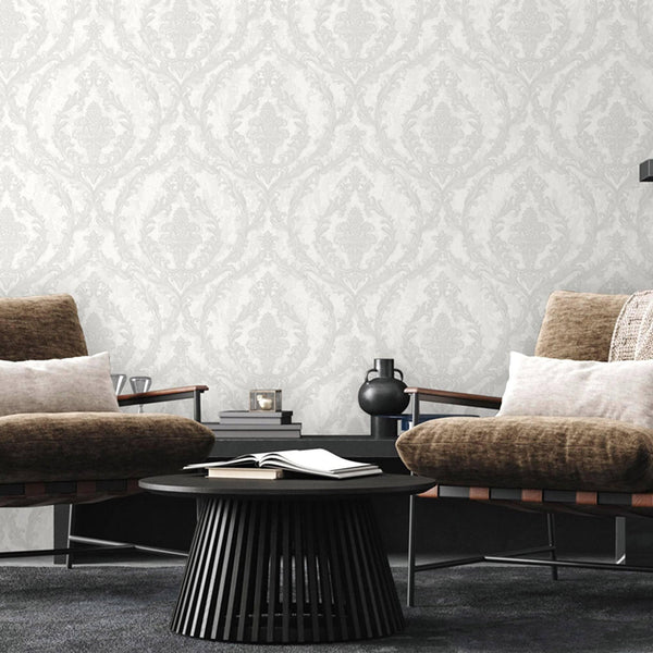 Luxury Silver Damask Embossed 3D Embossed Wallpaper, Country Non-Woven Wall Covering, 41.7"W x 398"H, Washable Removable for 