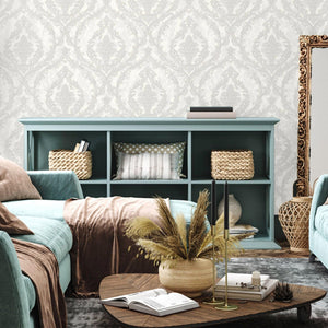 Luxury Silver Damask Embossed 3D Embossed Wallpaper, Country Non-Woven Wall Covering, 41.7"W x 398"H, Washable Removable for 