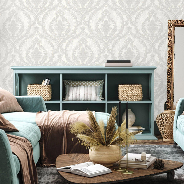 Luxury Silver Damask Embossed 3D Embossed Wallpaper, Country Non-Woven Wall Covering, 41.7"W x 398"H, Washable Removable for 
