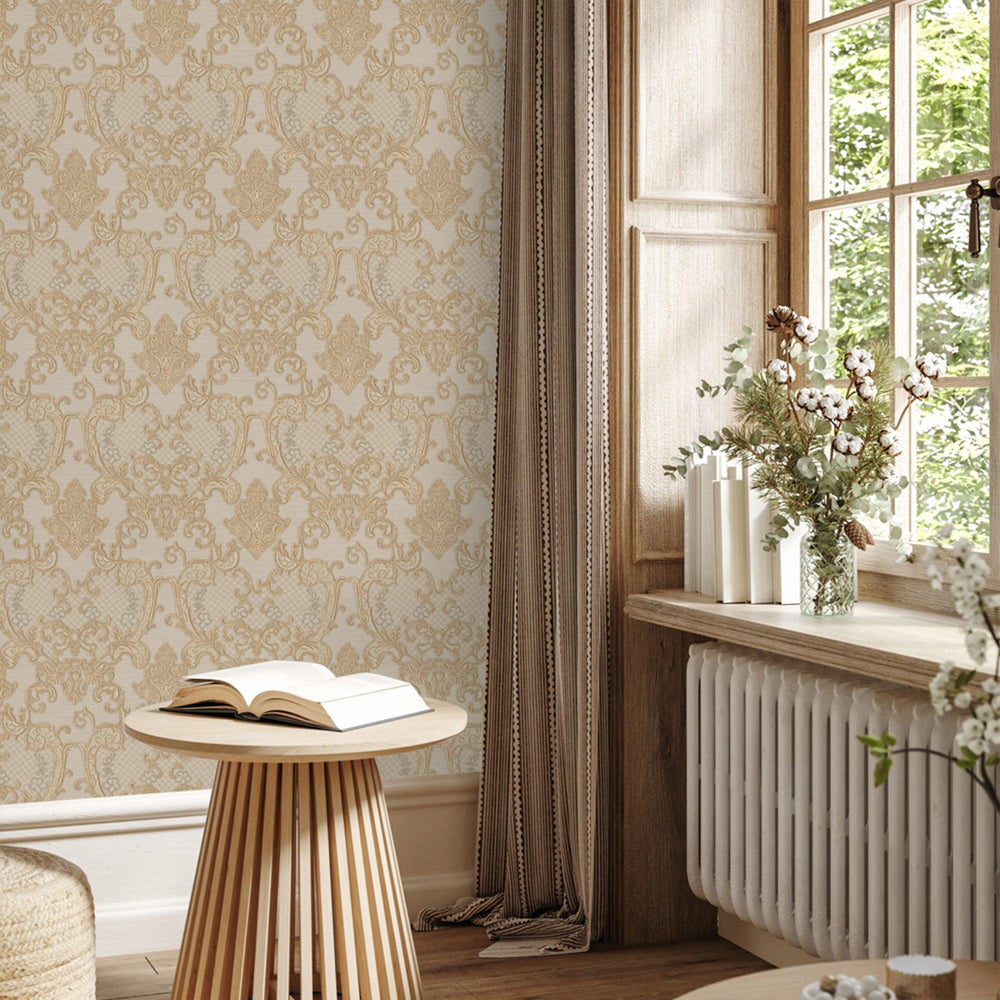 Luxury Beige Damask Embossed 3D Embossed Wallpaper, Glam Non-Woven Wall Covering, 41.7"W x 398"H, Washable Removable for Livi