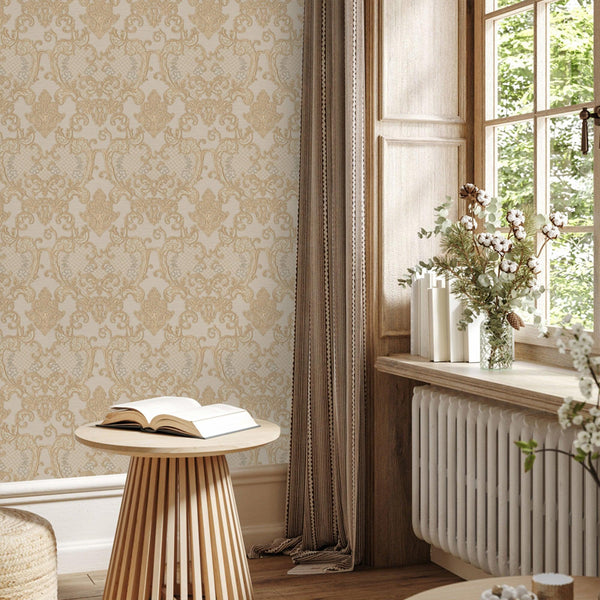Luxury Beige Damask Embossed 3D Embossed Wallpaper, Glam Non-Woven Wall Covering, 41.7"W x 398"H, Washable Removable for Livi