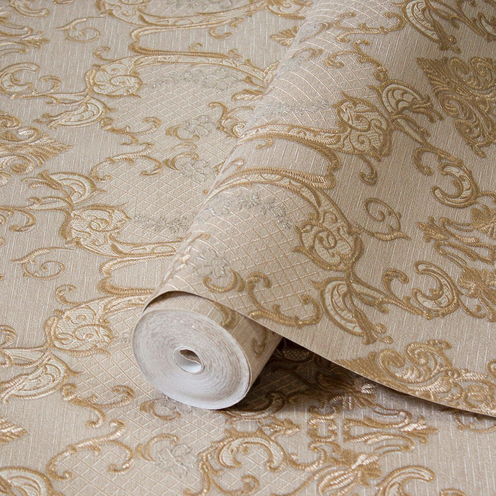 Luxury Beige Damask Embossed 3D Embossed Wallpaper, Glam Non-Woven Wall Covering, 41.7"W x 398"H, Washable Removable for Livi