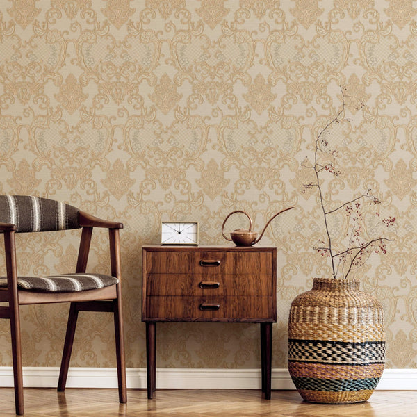 Luxury Beige Damask Embossed 3D Embossed Wallpaper, Glam Non-Woven Wall Covering, 41.7"W x 398"H, Washable Removable for Livi