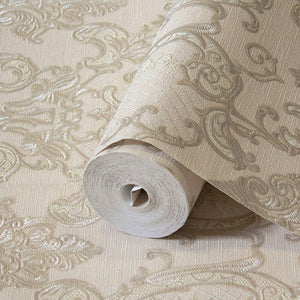 Luxury Cream Damask Embossed 3D Embossed Wallpaper, Traditional Non-Woven Wall Covering, 41.7"W x 398"H, Washable Removable f