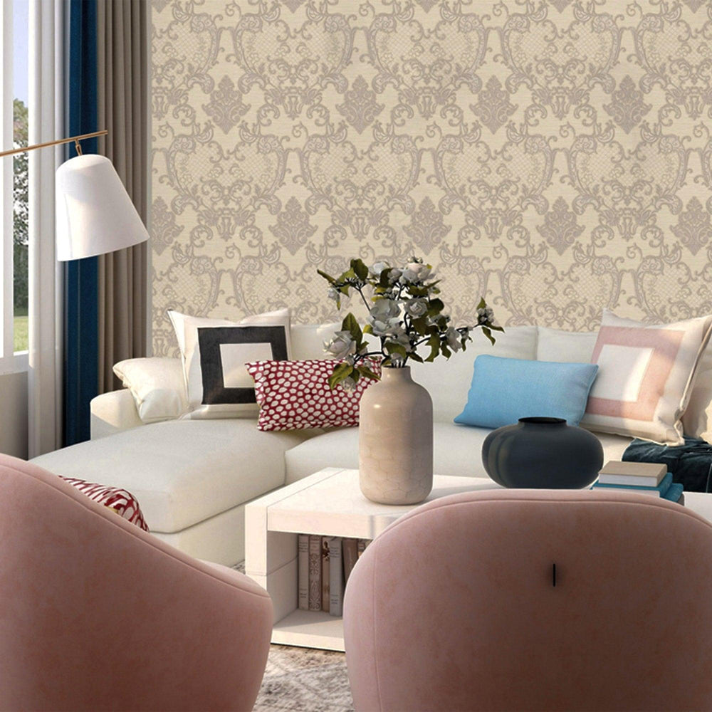 Luxury Cream Damask Embossed 3D Embossed Wallpaper, Traditional Non-Woven Wall Covering, 41.7"W x 398"H, Washable Removable f