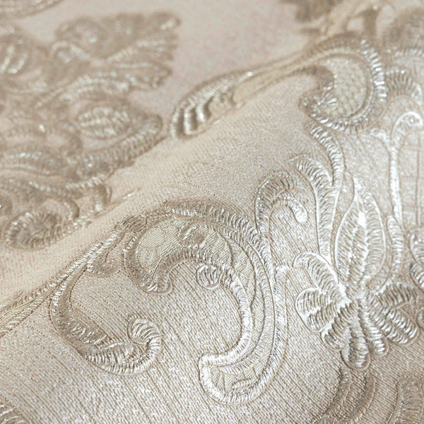Luxury Cream Damask Embossed 3D Embossed Wallpaper, Traditional Non-Woven Wall Covering, 41.7"W x 398"H, Washable Removable f