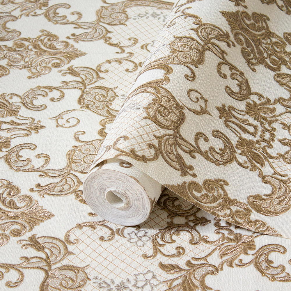 Luxury Gold Damask Embossed 3D Embossed Wallpaper, Glam Non-Woven Wall Covering, 41.7"W x 398"H, Washable Removable for Livin