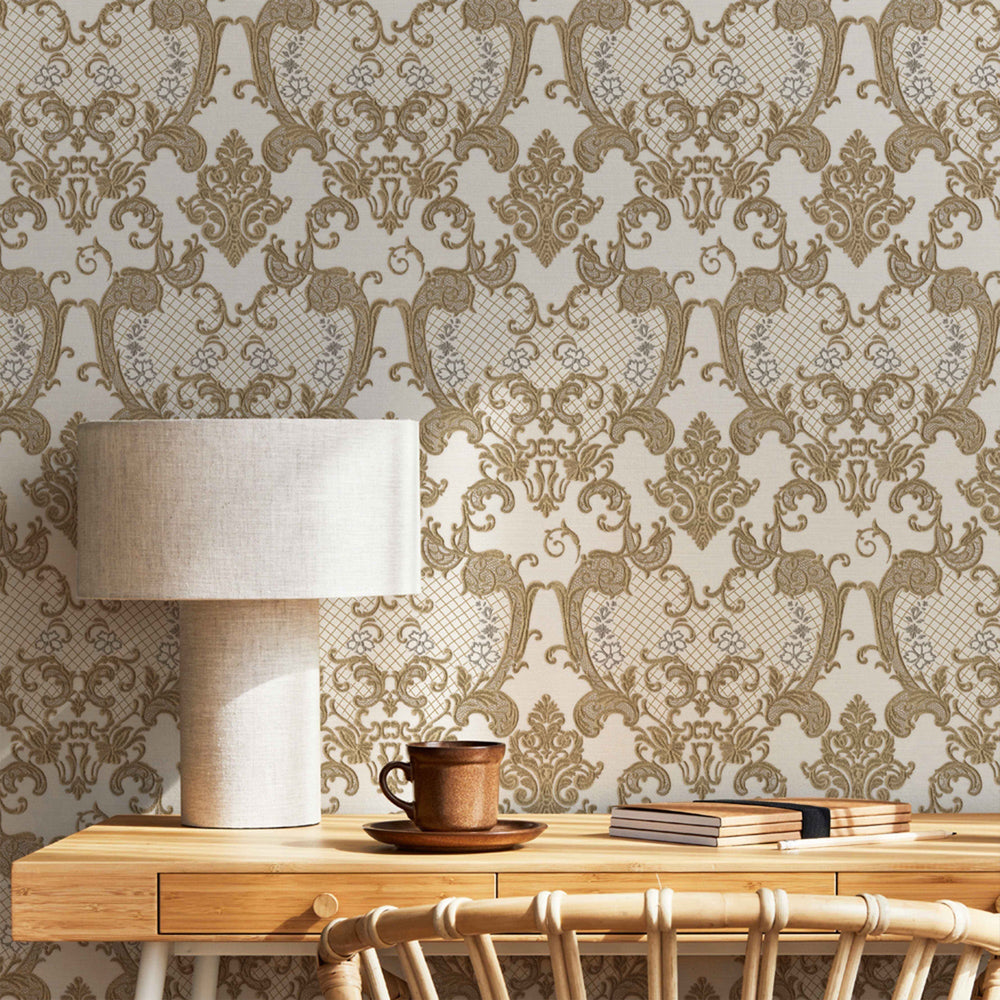 Luxury Gold Damask Embossed 3D Embossed Wallpaper, Glam Non-Woven Wall Covering, 41.7"W x 398"H, Washable Removable for Livin