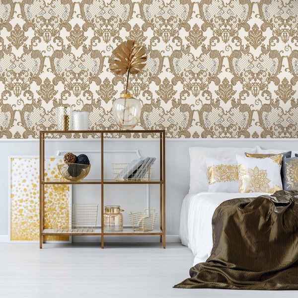 Luxury Gold Damask Embossed 3D Embossed Wallpaper, Glam Non-Woven Wall Covering, 41.7"W x 398"H, Washable Removable for Livin