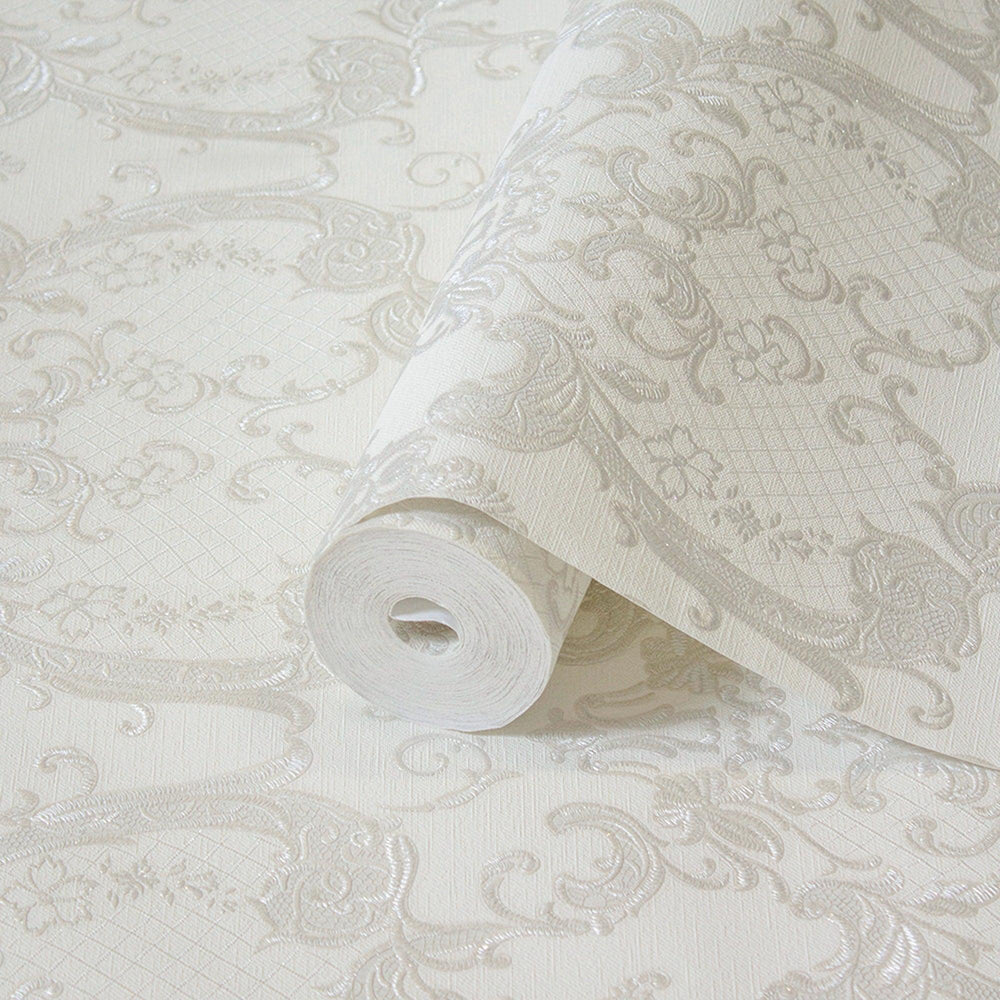 Luxury White Damask Embossed 3D Embossed Wallpaper, Traditional Non-Woven Wall Covering, 41.7"W x 398"H, Washable Removable f