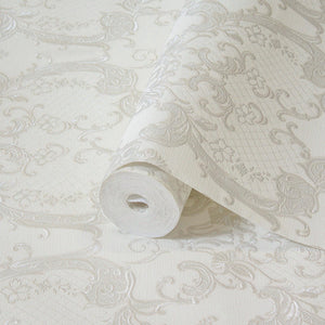 Luxury White Damask Embossed 3D Embossed Wallpaper, Traditional Non-Woven Wall Covering, 41.7"W x 398"H, Washable Removable f