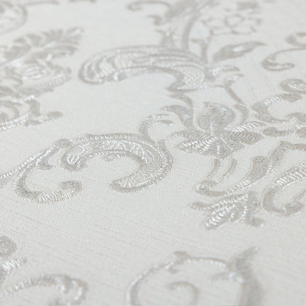 Luxury White Damask Embossed 3D Embossed Wallpaper, Traditional Non-Woven Wall Covering, 41.7"W x 398"H, Washable Removable f