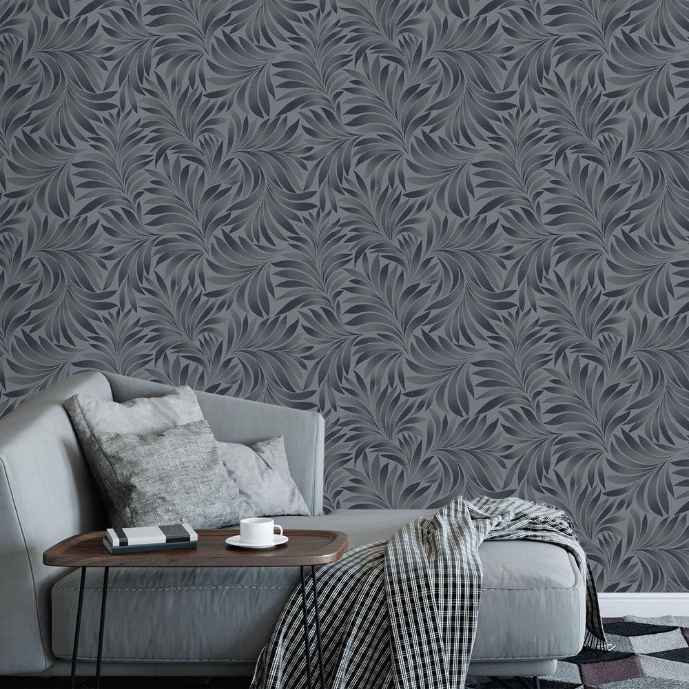 Luxury Blue Leaves Embossed 3D Embossed Wallpaper, Contemporary Non-Woven Wall Covering, 41.7"W x 398"H, Washable Removable f