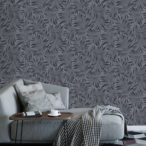 Luxury Blue Leaves Embossed 3D Embossed Wallpaper, Contemporary Non-Woven Wall Covering, 41.7"W x 398"H, Washable Removable f