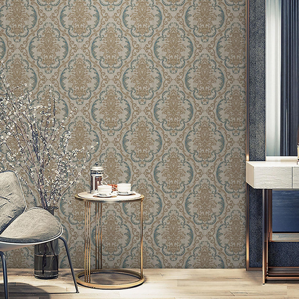 Luxury Blue Damask Embossed 3D Embossed Wallpaper, Mediterranean Non-Woven Wall Covering, 41.7"W x 398"H, Washable Removable 
