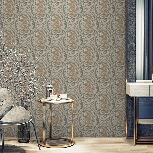 Luxury Blue Damask Embossed 3D Embossed Wallpaper, Mediterranean Non-Woven Wall Covering, 41.7"W x 398"H, Washable Removable 
