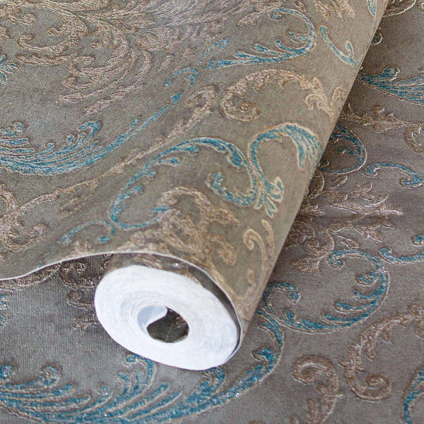 Luxury Blue Damask Embossed 3D Embossed Wallpaper, Mediterranean Non-Woven Wall Covering, 41.7"W x 398"H, Washable Removable 