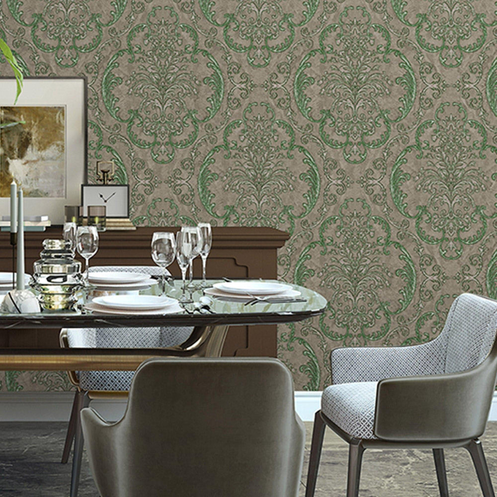 Luxury Brown Damask Embossed 3D Embossed Wallpaper, Boho Non-Woven Wall Covering, 41.7"W x 398"H, Washable Removable for Livi