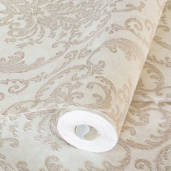 Luxury Cream Damask Embossed 3D Embossed Wallpaper, Boho Non-Woven Wall Covering, 41.7"W x 398"H, Washable Removable for Livi