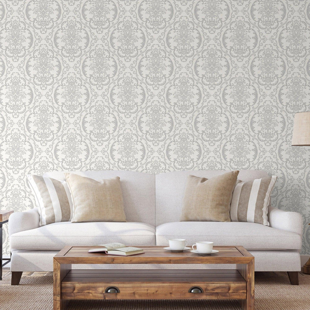 Luxury White Damask Embossed 3D Embossed Wallpaper, Mediterranean Non-Woven Wall Covering, 41.7"W x 398"H, Washable Removable