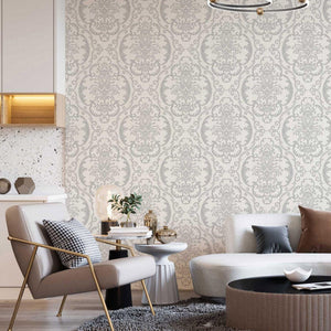 Luxury White Damask Embossed 3D Embossed Wallpaper, Mediterranean Non-Woven Wall Covering, 41.7"W x 398"H, Washable Removable