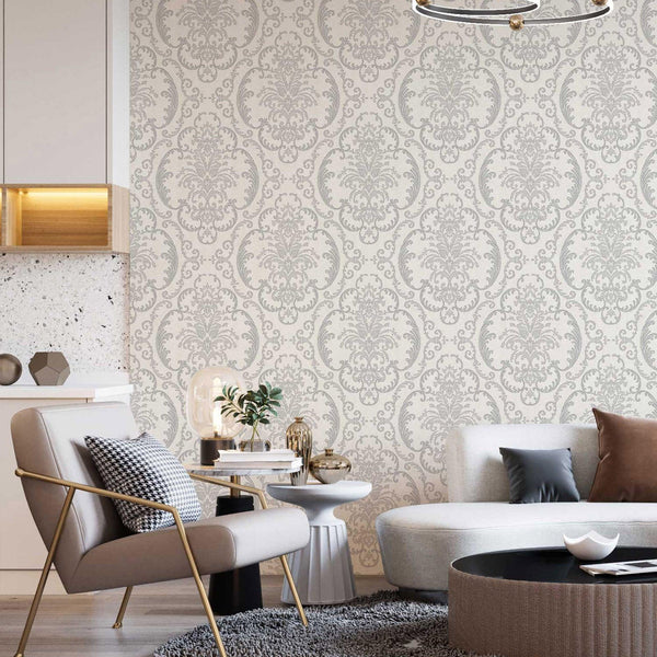 Luxury White Damask Embossed 3D Embossed Wallpaper, Mediterranean Non-Woven Wall Covering, 41.7"W x 398"H, Washable Removable