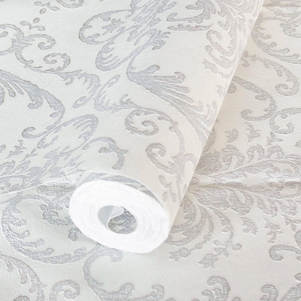 Luxury White Damask Embossed 3D Embossed Wallpaper, Mediterranean Non-Woven Wall Covering, 41.7"W x 398"H, Washable Removable