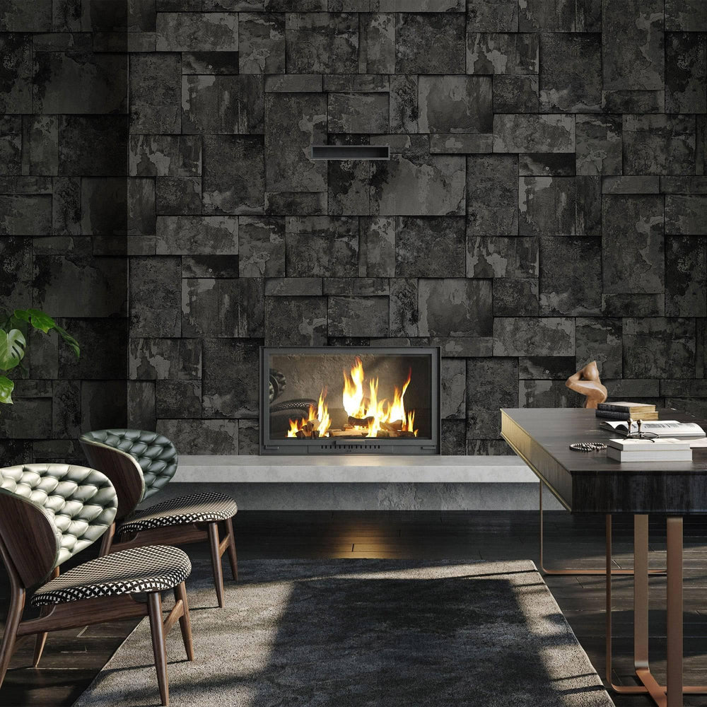 Luxury Black Stone Embossed 3D Embossed Wallpaper, Industrial Non-Woven Wall Covering, 41.7"W x 398"H, Washable Removable for