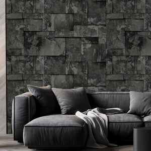Luxury Black Stone Embossed 3D Embossed Wallpaper, Industrial Non-Woven Wall Covering, 41.7"W x 398"H, Washable Removable for
