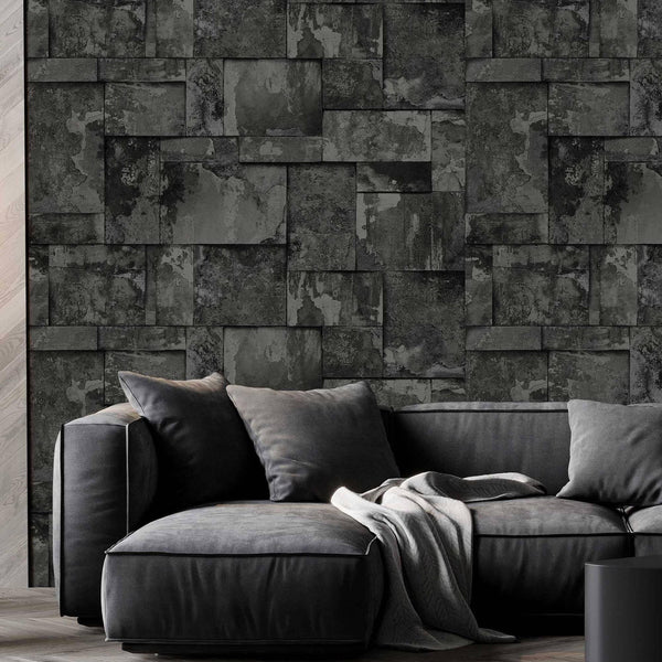 Luxury Black Stone Embossed 3D Embossed Wallpaper, Industrial Non-Woven Wall Covering, 41.7"W x 398"H, Washable Removable for