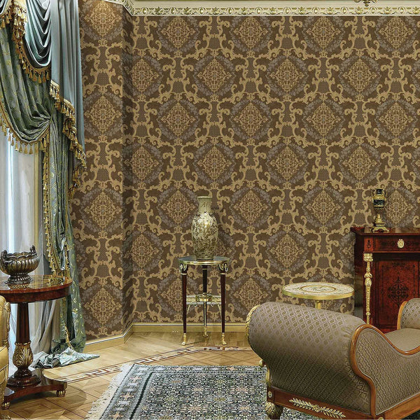 Luxury Brown Damask Textured 3D Embossed Wallpaper, Victorian Non-Woven Wall Covering, 41.7"W x 398"H, Washable Removable for