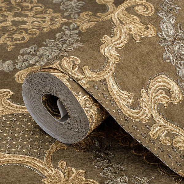 Luxury Brown Damask Textured 3D Embossed Wallpaper, Victorian Non-Woven Wall Covering, 41.7"W x 398"H, Washable Removable for