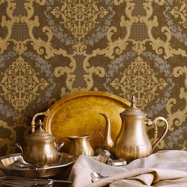Luxury Brown Damask Textured 3D Embossed Wallpaper, Victorian Non-Woven Wall Covering, 41.7"W x 398"H, Washable Removable for