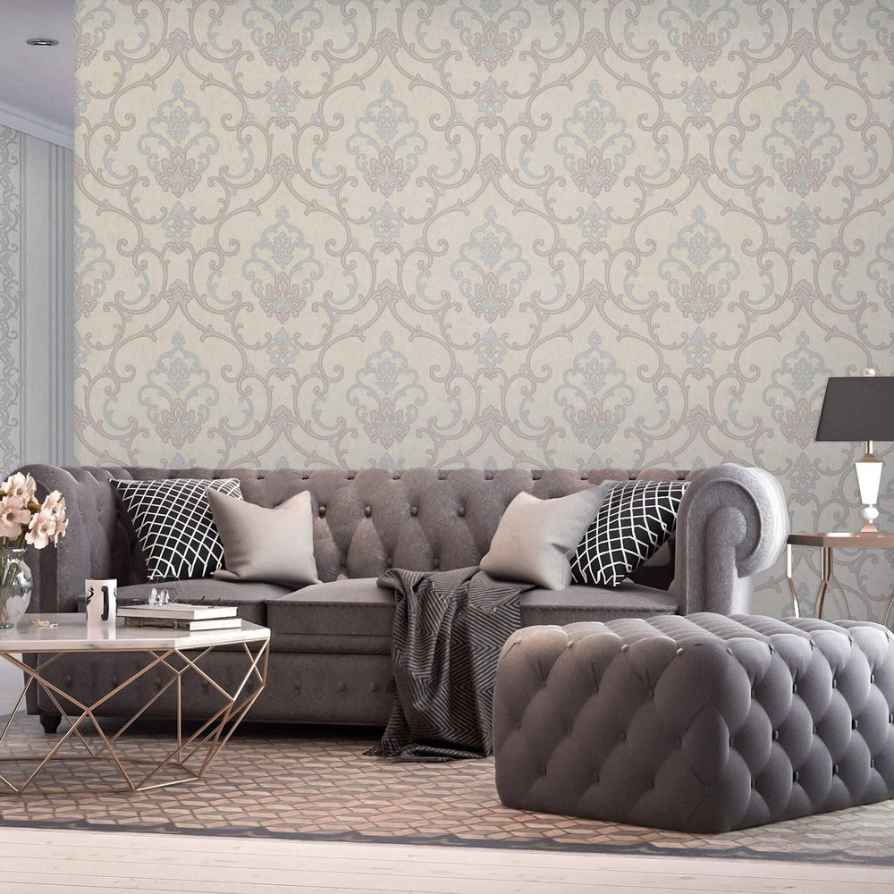 Luxury Ivory Damask Textured 3D Embossed Wallpaper, Traditional Non-Woven Wall Covering, 41.7"W x 398"H, Washable Removable f