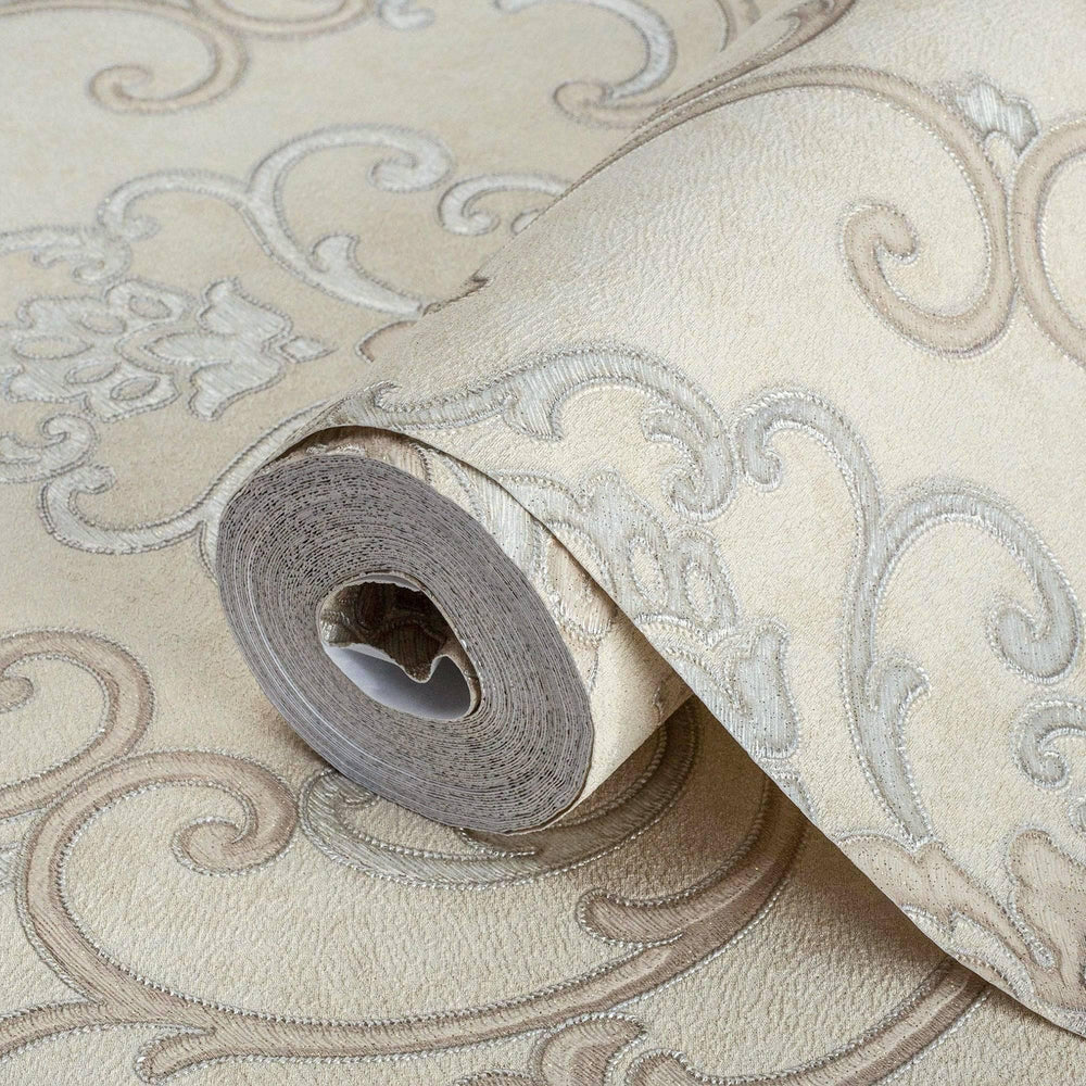 Luxury Ivory Damask Textured 3D Embossed Wallpaper, Traditional Non-Woven Wall Covering, 41.7"W x 398"H, Washable Removable f