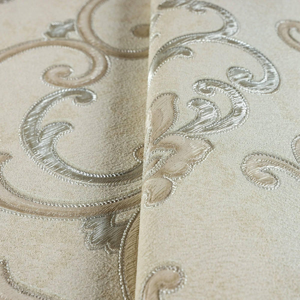 Luxury Ivory Damask Textured 3D Embossed Wallpaper, Traditional Non-Woven Wall Covering, 41.7"W x 398"H, Washable Removable f