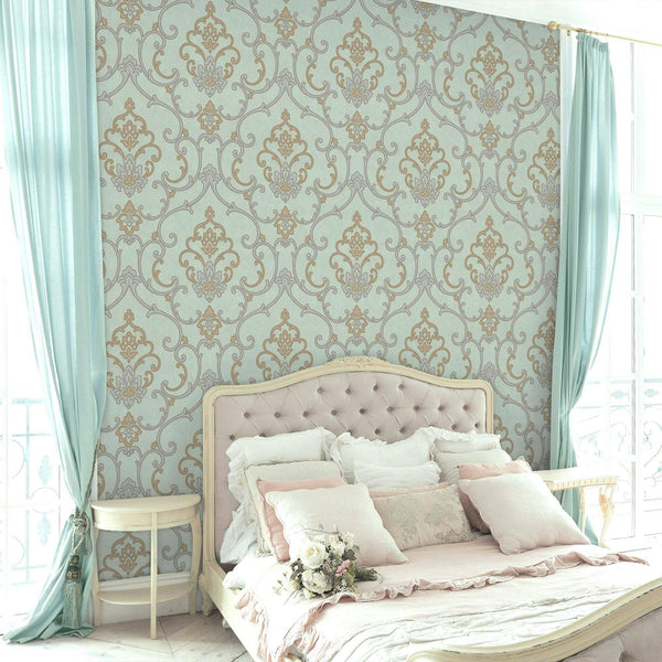 Luxury Blue Damask Textured 3D Embossed Wallpaper, Traditional Non-Woven Wall Covering, 41.7"W x 398"H, Washable Removable fo