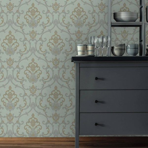 Luxury Blue Damask Textured 3D Embossed Wallpaper, Traditional Non-Woven Wall Covering, 41.7"W x 398"H, Washable Removable fo