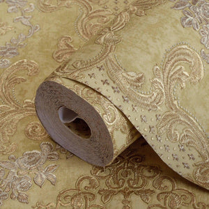 Luxury Gold Damask Textured 3D Embossed Wallpaper, Traditional Non-Woven Wall Covering, 41.7"W x 398"H, Washable Removable fo