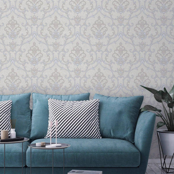 Luxury Blue Damask Textured 3D Embossed Wallpaper, Traditional Non-Woven Wall Covering, 41.7"W x 398"H, Washable Removable fo