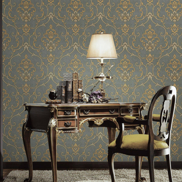 Luxury Gold Damask Textured 3D Embossed Wallpaper, Traditional Non-Woven Wall Covering, 41.7"W x 398"H, Washable Removable fo